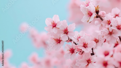 Obraz na płótnie Delicate pink cherry blossom flowers are beautifully contrasted against a soft blue background, capturing the essence of spring and the elegance of nature's fleeting beauty. w salonie