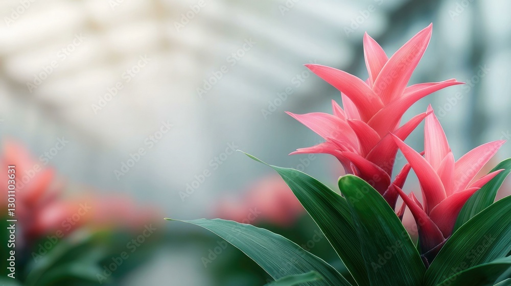 Vibrant pink bromeliad flowers in a greenhouse, showcasing their striking colors and lush green foliage, perfect for nature lovers and plant enthusiasts in search of beauty and serenity.