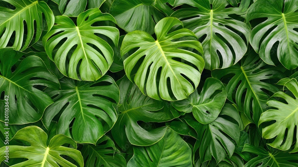 Lush green tropical Monstera leaves create a vibrant texture in this stunning close-up, bringing a fresh and lively atmosphere perfect for interior design, nature themes, and botanical art.