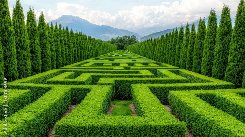 A breathtaking view of a meticulously designed green hedge maze surrounded by neatly trimmed conifer trees set against a backdrop of mountains and a bright blue sky.