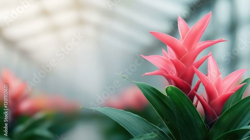Obraz na płótnie Vibrant pink bromeliad flowers in a greenhouse, showcasing their striking colors and lush green foliage, perfect for nature lovers and plant enthusiasts in search of beauty and serenity. w salonie