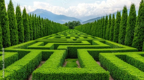 Obraz na płótnie A breathtaking view of a meticulously designed green hedge maze surrounded by neatly trimmed conifer trees set against a backdrop of mountains and a bright blue sky. w salonie