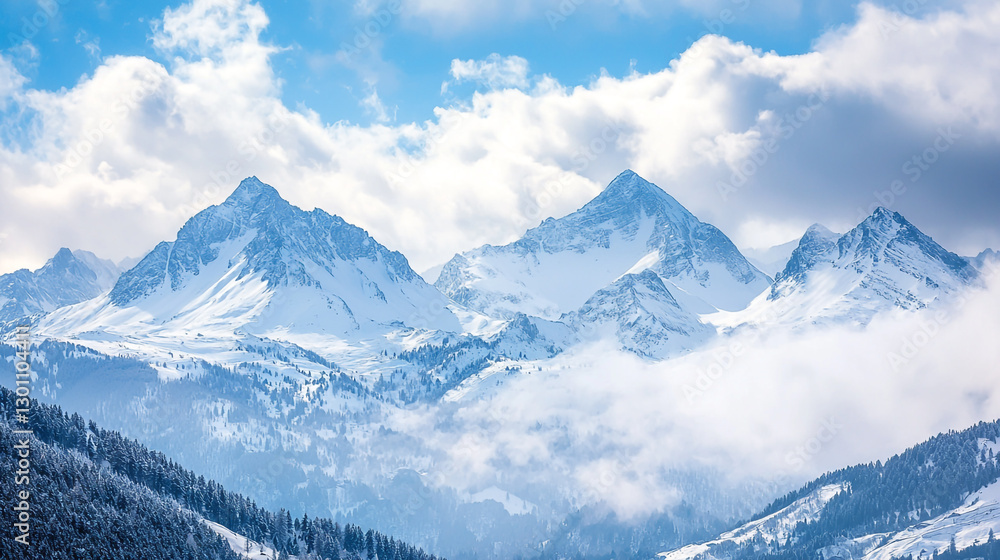 Obraz premium Majestic winter mountain landscape serene snow covered peaks sky cold blue cold view white trees