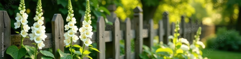 White Foxglove flowers on a wooden fence in a garden with greenery and sunlight filtering through, wood tone, garden, digitalis White Foxglove flowers on a wooden fence in a garden with greenery and sunlight filtering through, wood tone, garden, digitalis