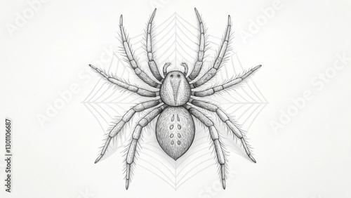 A minimalist spider sketch using fine pen strokes, focusing on clean lines and subtle cross-hatching for depth and dimension photo