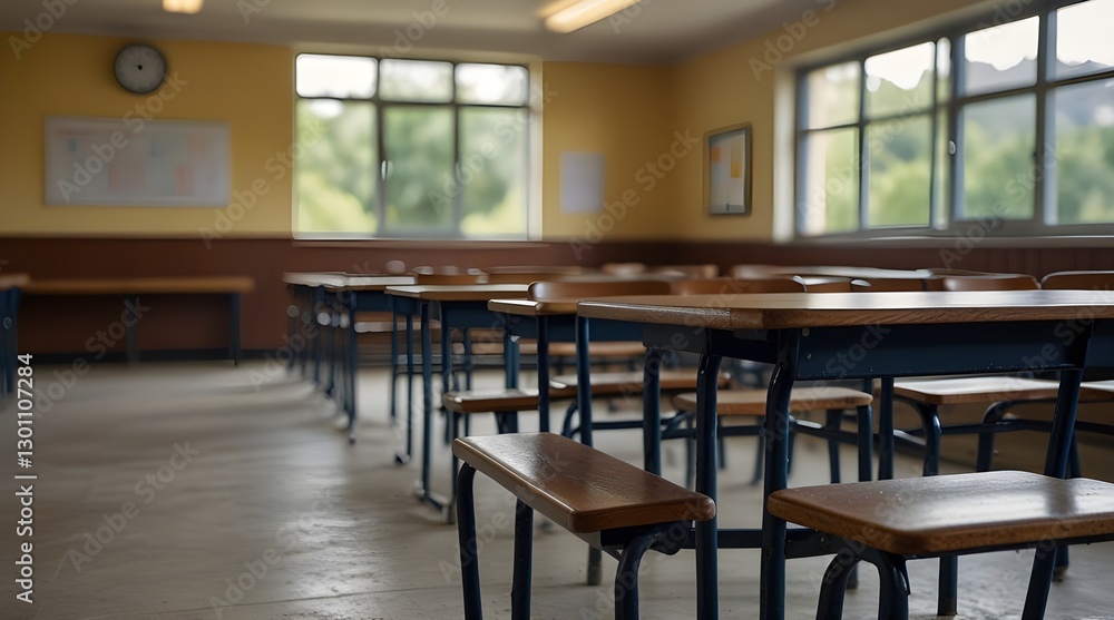 Elegant blurred background of a bright and open study room with large windows and soft lighting, creating a calm atmosphere. Blurred empty school background. generative.ai Elegant blurred background of a bright and open study room with large windows and soft lighting, creating a calm atmosphere. Blurred empty school background. generative.ai