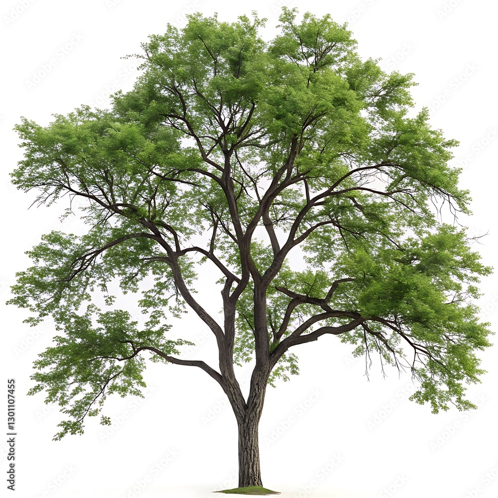 Tall black locust tree with fresh green leaves, a strong trunk, and sprawling branches, isolated on a white background for botanical use Tall black locust tree with fresh green leaves, a strong trunk, and sprawling branches, isolated on a white background for botanical use
