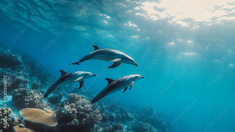 Fototapeta premium beautiful ocean view with zero plastic pollution, dolphins and turtles swimming freely, vibrant coral reefs thriving