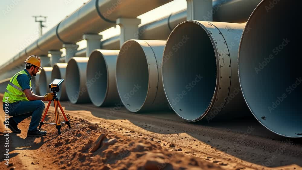 An engineer in safety gear carefully surveys a construction site featuring a series of large metal pipelines. the scene conveys focus and the precision of industrial development. An engineer in safety gear carefully surveys a construction site featuring a series of large metal pipelines. the scene conveys focus and the precision of industrial development.