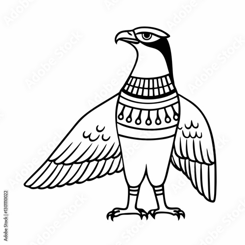 Ancient Egyptian Falcon Ornate Line Art Illustration of Horus Symbolism in Black and White