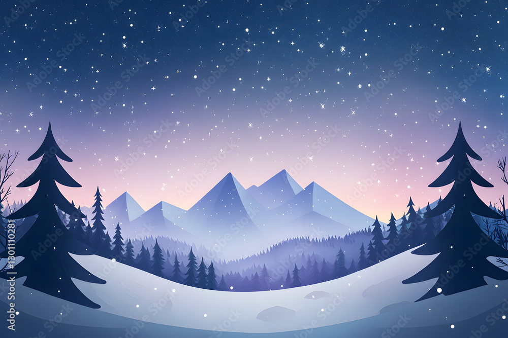 Fototapeta premium serene winter landscape featuring snow covered mountains and evergreen trees under starry night sky. soft pastel colors create magical atmosphere