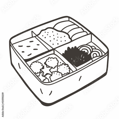 Monochrome Bento Box Illustration with Assorted Foods in Compartments