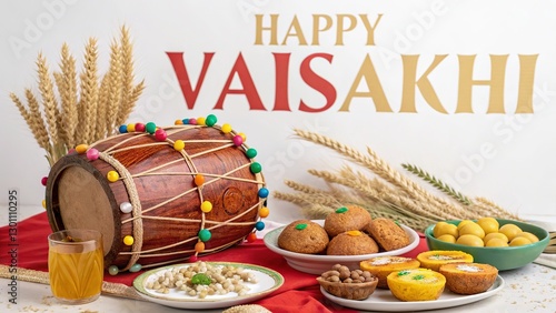 Bright and cheerful Vaisakhi greeting card with food, drums, and decorations.