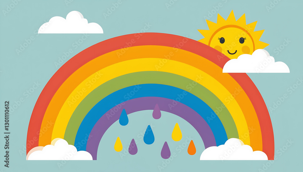 Fototapeta premium Rainbow with smiling sun and raindrops