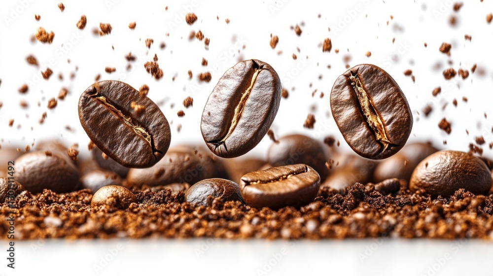 Roasted coffee beans flying in the air over a pile of ground coffee. Roasted coffee beans flying in the air over a pile of ground coffee.