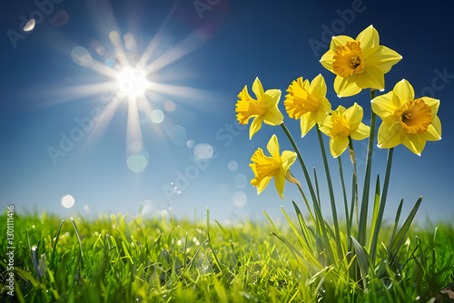 Yellow flowers on green background, Vibrant Yellow Daffodils Blooming Under A Bright Sky