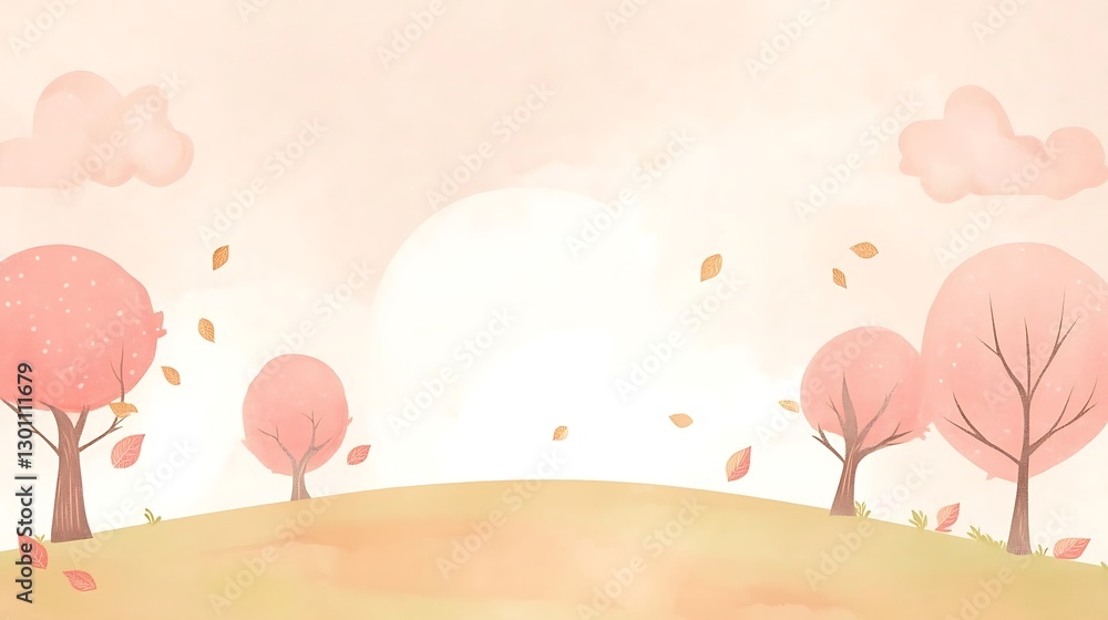 A delightful watercolor landscape featuring trees and falling leaves in autumn A delightful watercolor landscape featuring trees and falling leaves in autumn