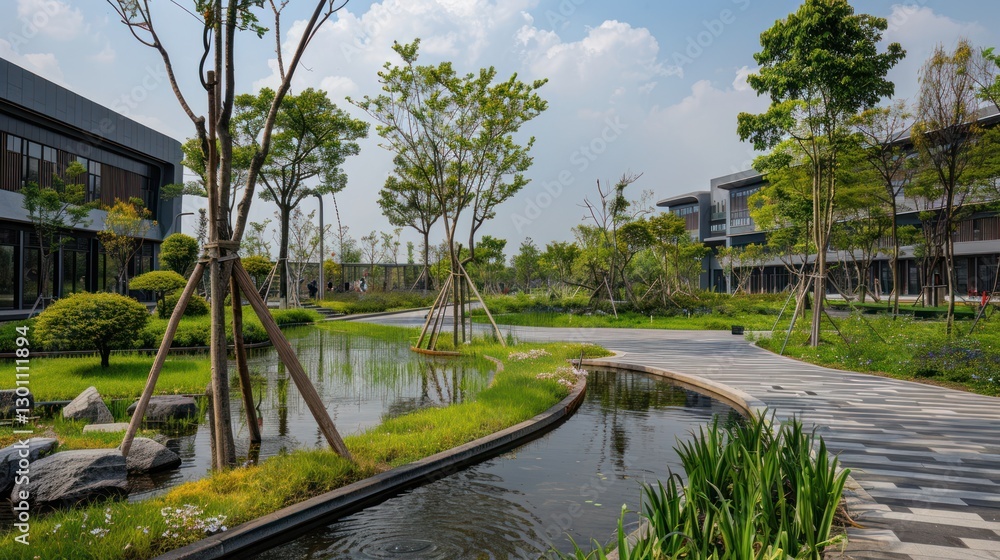 Modern Landscape Design with Water Features and Greenery Modern Landscape Design with Water Features and Greenery