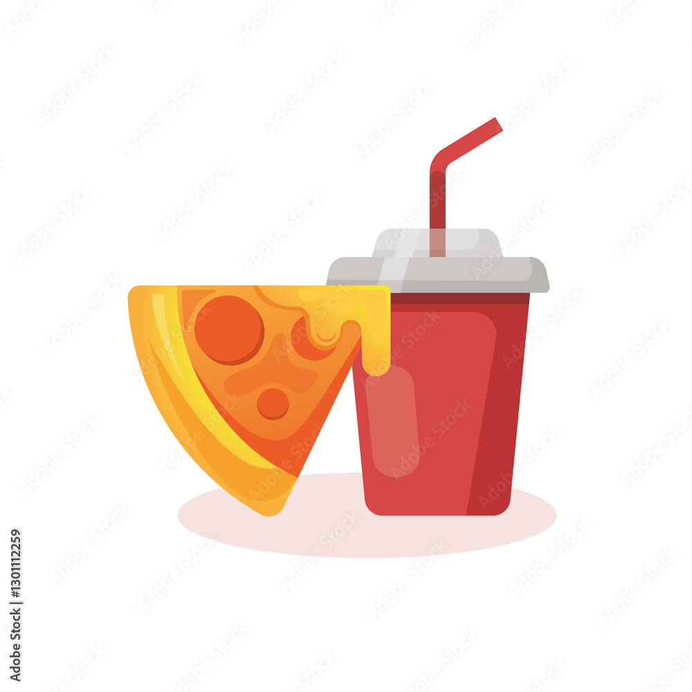 Obraz premium Food illustration. Piece of pizza with drink with straw on white background