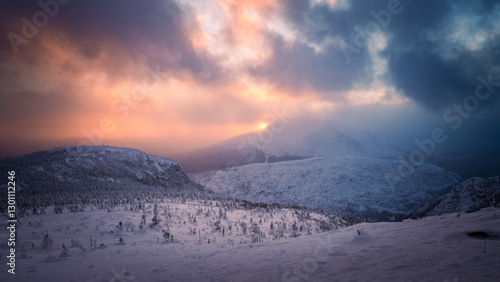 Wonderful winter snow covered scene at dusk over Gaspesie peaks, Quebec, Canada