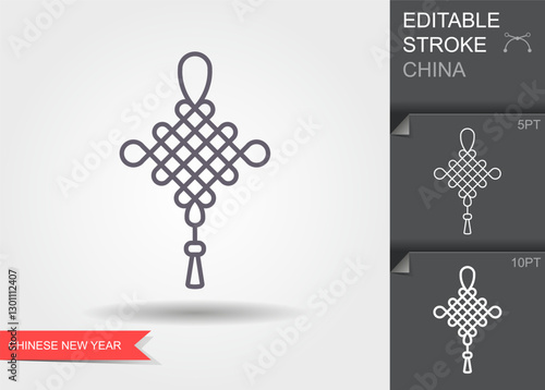 Chinese lucky knot with tassel. Lunar new year decoration. Red traditional Chinese ornament. Line icon with editable stroke. Vector Illustration