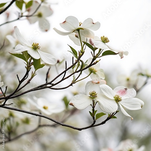 Close up view of dogwood flowers with pristine white petals and vibrant green leaves on slender branches, evoking the freshness of nature photo