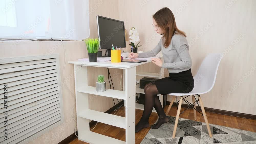 Young woman working freelancer indoors home office. Young woman working freelancer indoors home office.