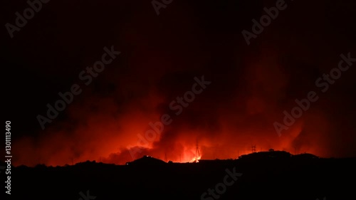 Flames from Palisades Fire Cresting the Santa Monica Mountains, Los Angeles County, California
