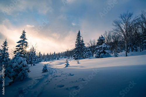 Wonderful winter snow covered scene at dusk over Gaspesie peaks, Quebec, Canada