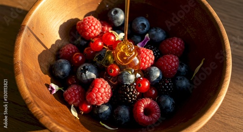 Honey Drizzled Mixed Berries in Wooden Bowl Summer Fruit Healthy Food
