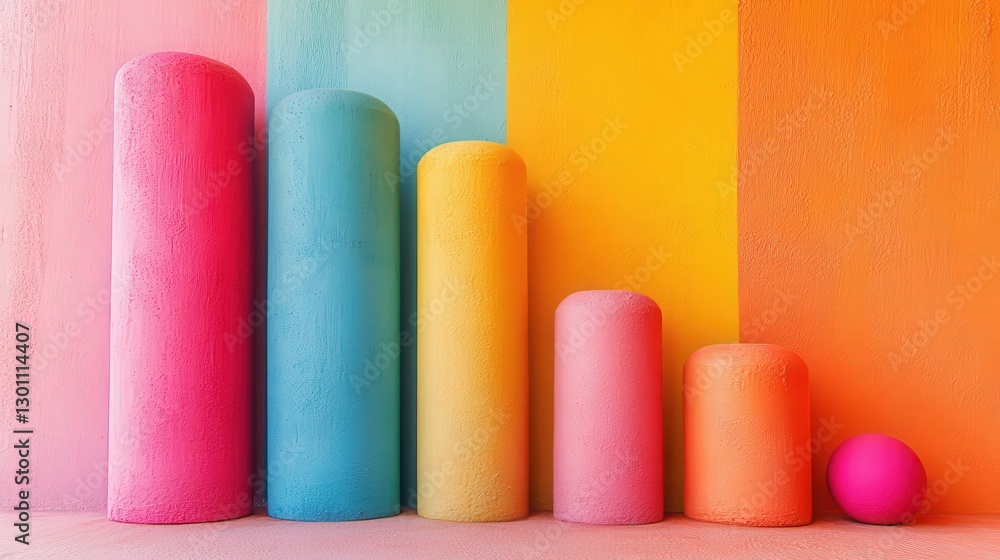 Colorful cylinders against vibrant wall Colorful cylinders against vibrant wall