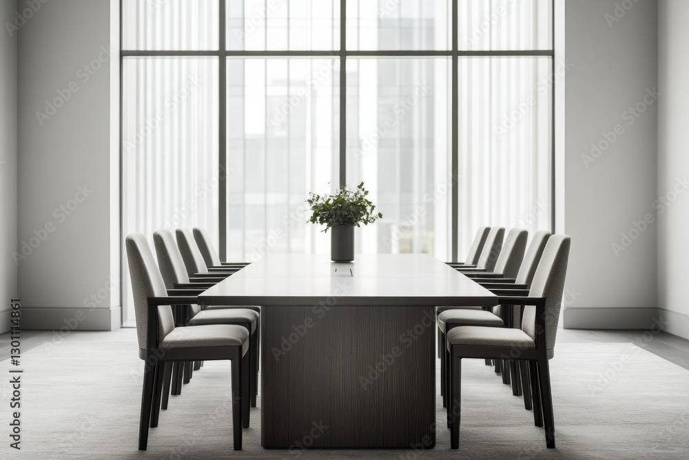 Fototapeta premium elegant modern office space with sleek conference table chairs arranged symmetrically and large window letting in natural