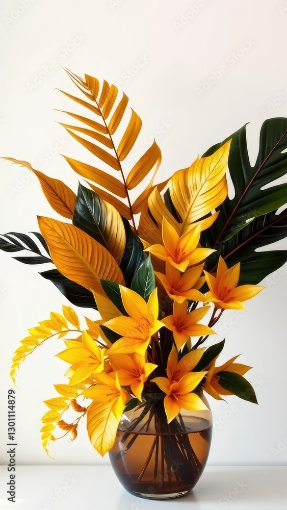 Fototapeta premium arrangement of golden and black tropical leaves in a vase, colorful, golden, flowers