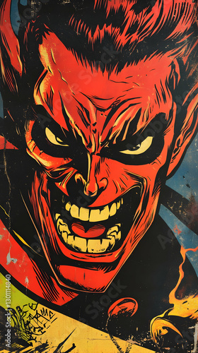 Demon artwork symbolizes inner struggles and chaos within human emotions in vibrant colors, depicting a fierce expression at a contemporary art gallery