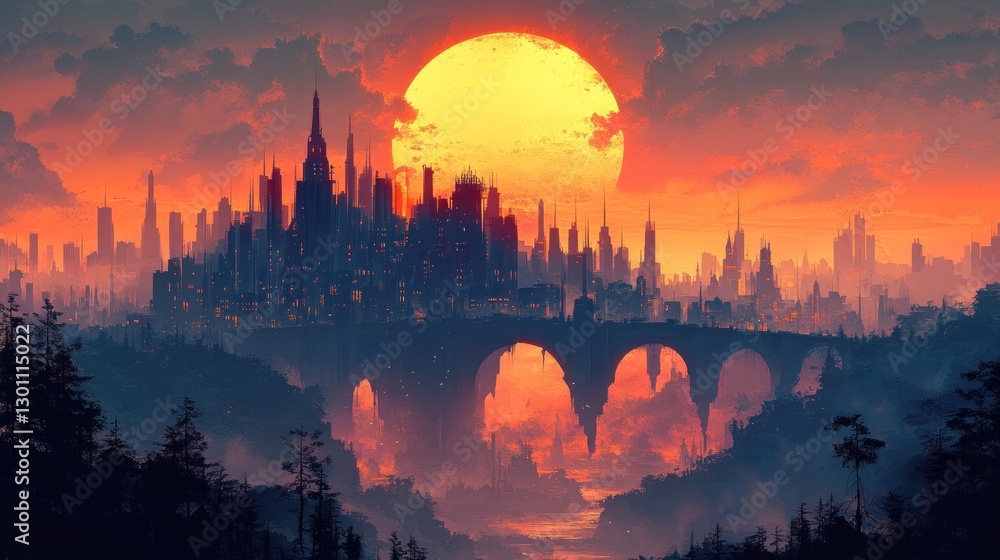 Fototapeta premium Sunset Cityscape Fantasy Bridge, Forest, Orange Sky