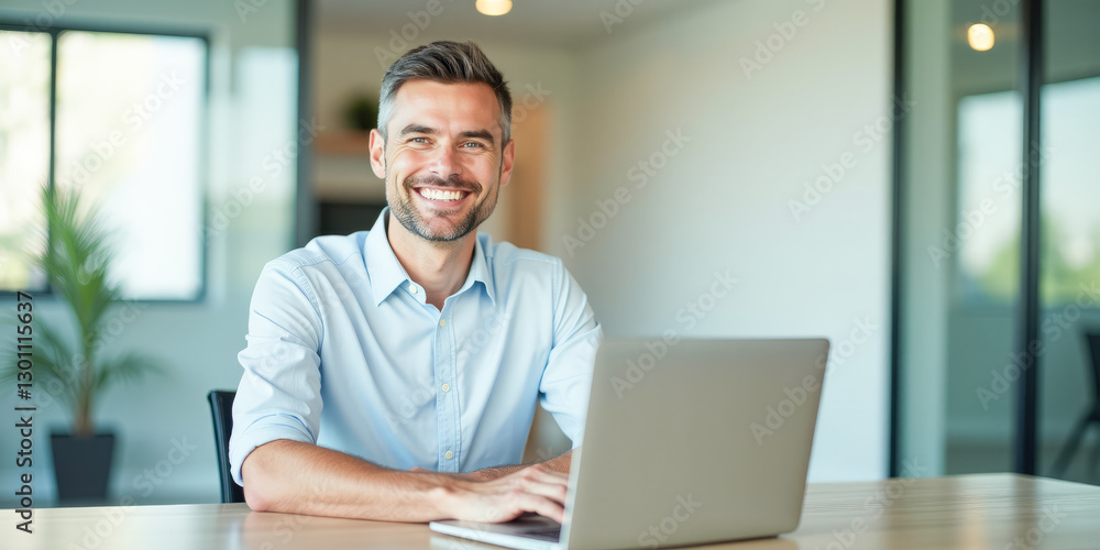 Fototapeta premium A beautiful man is working in a modern office with a laptop