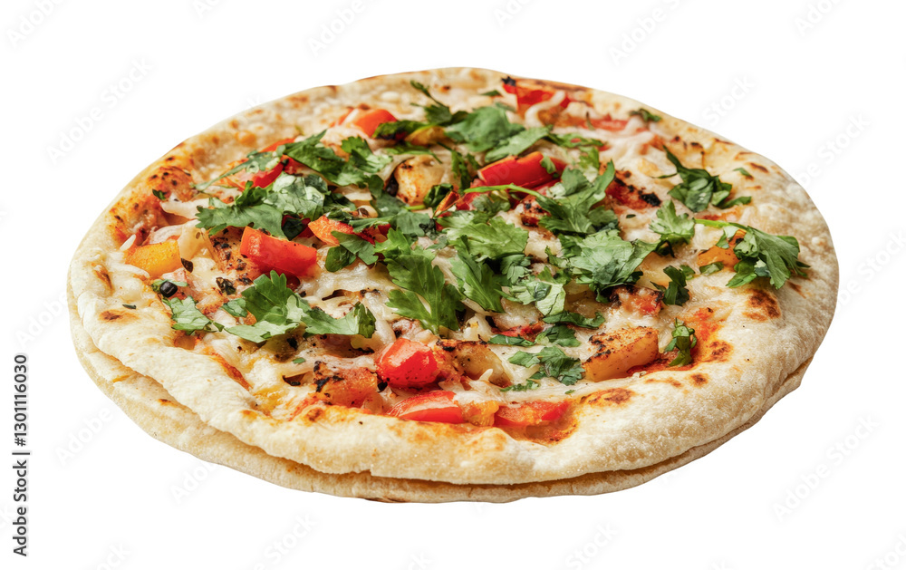 Delicious vegetarian pizza topped with fresh herbs, tomatoes, and cheese for a tasty meal option, cut out