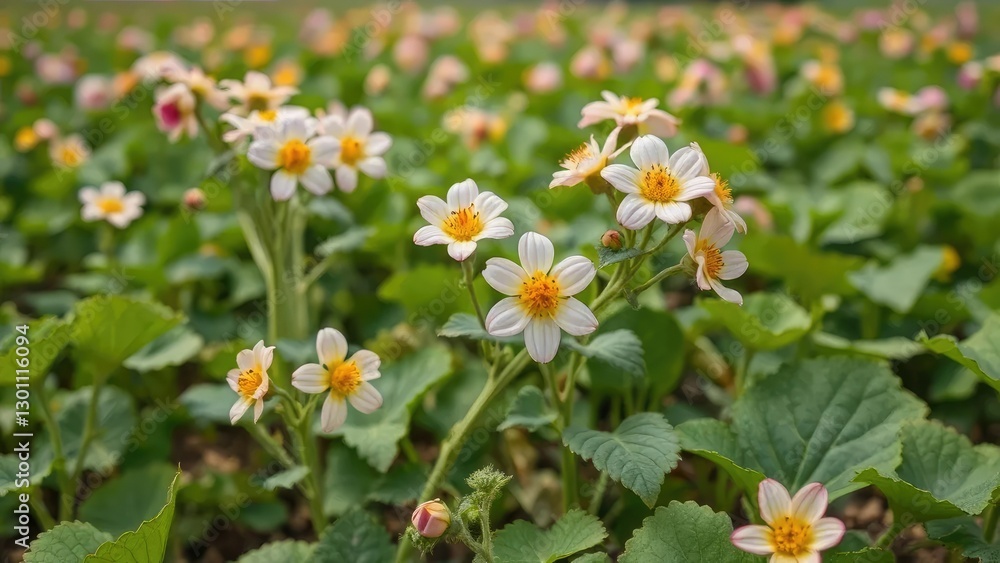 Blooming potato flowers with green leaves in the farm field, nature, blooming Blooming potato flowers with green leaves in the farm field, nature, blooming