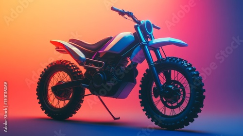 White and Black Voxel Dirt Bike in Vibrant Red Orange Purple Gradient Studio Lighting