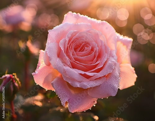 Elegant Pink Rose with Morning Dew and Sunlight