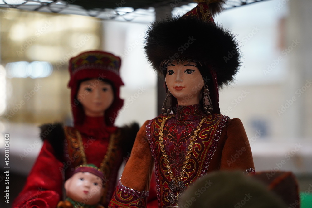 Dolls in Kazakh national costumes. Craft fair.