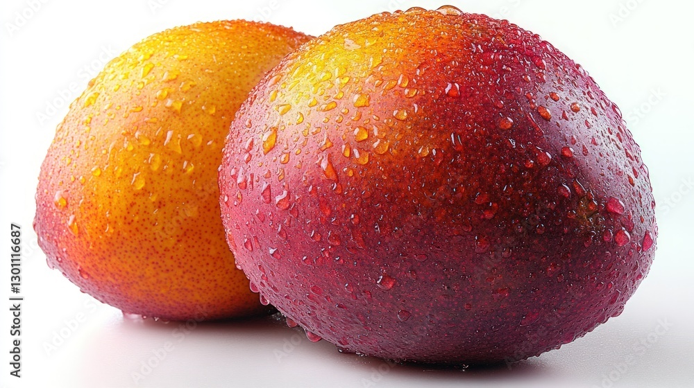 Two ripe mangoes with water droplets on a white background. Two ripe mangoes with water droplets on a white background.