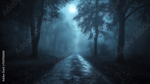 Mysterious Foggy Pathway in a Dark Forest