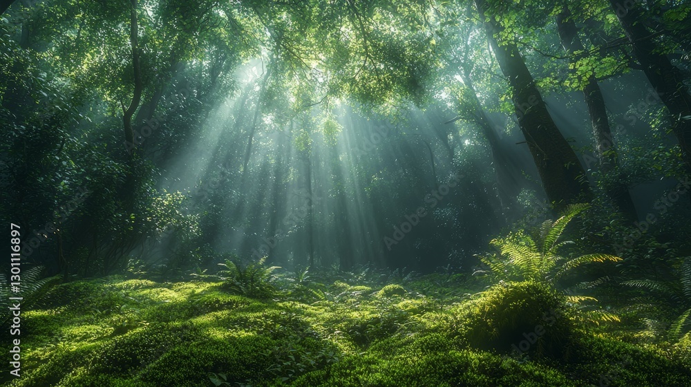 Fototapeta premium Lush Green Jungle with Mystical Fog and Sunligh