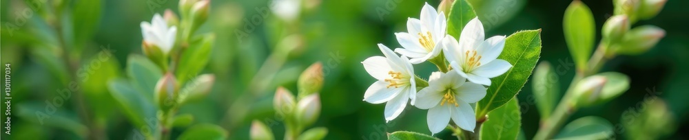 Naklejka premium Fresh bunch of eucalyptus flowers with green stems and white blooms, stem, garden