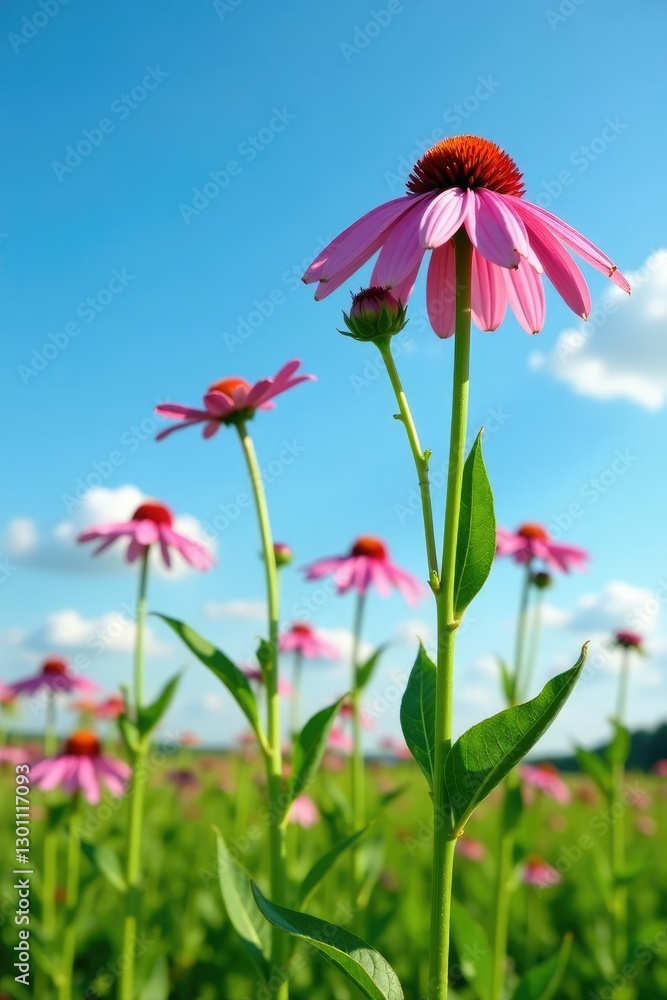 Fresh echinacea stems and leaves in a field against a blue sky, stems, botanical, leaves Fresh echinacea stems and leaves in a field against a blue sky, stems, botanical, leaves