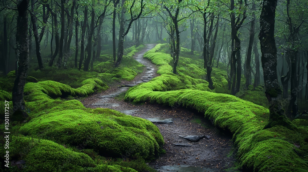 Fototapeta premium Mysterious Foggy Forest Pathway Surrounded by Trees