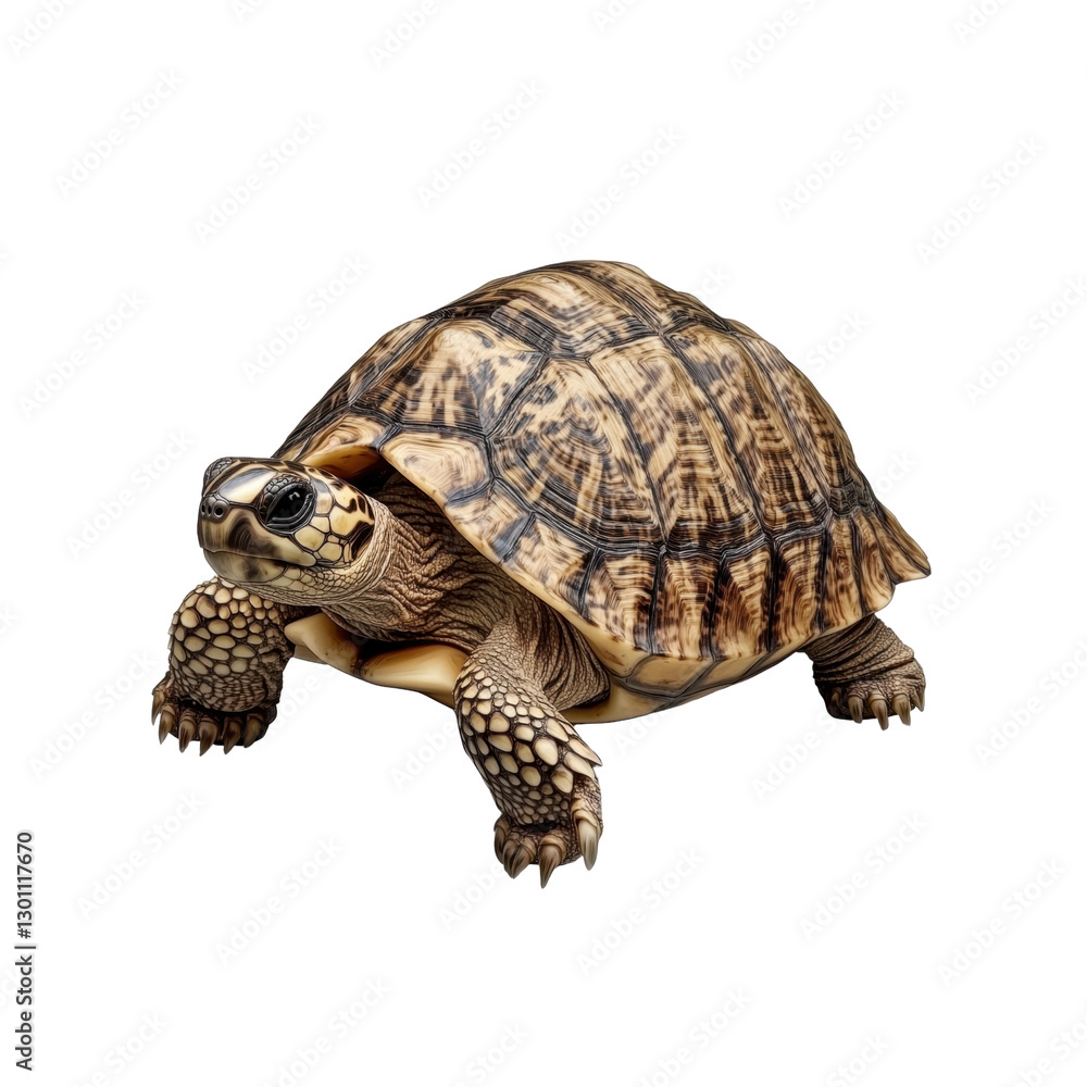 Obraz premium A brown turtle with intricate shell patterns moves slowly across a clear space, showcasing its natural beauty and textures