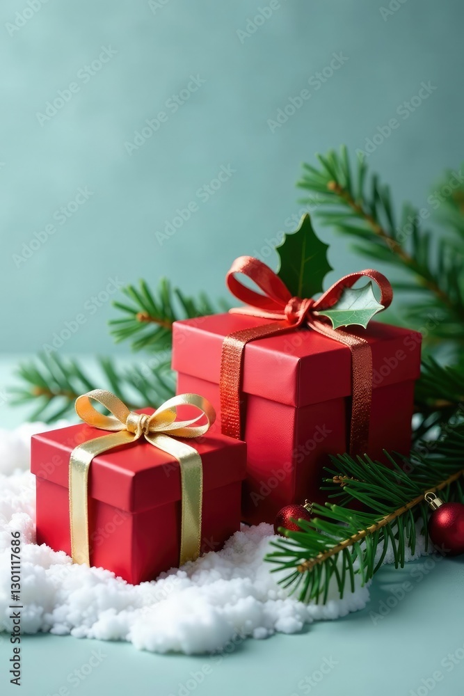 Gift boxes with pine garland and holly on a snowy background, gift box, holly, decorations Gift boxes with pine garland and holly on a snowy background, gift box, holly, decorations