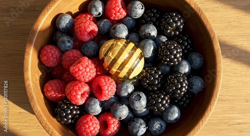 Honeycomb Raspberries Blueberries Blackberries in Wooden Bowl